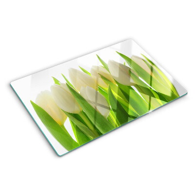 Deska kuchenna szklana z nadrukiem tulipanów na tle zielonych liści