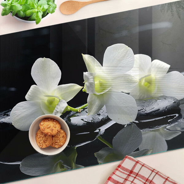 Deska kuchenna szklana z motywem orchidei na czarnym tle