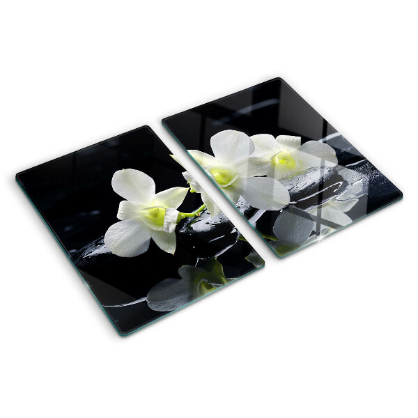 Deska kuchenna szklana z motywem orchidei na czarnym tle