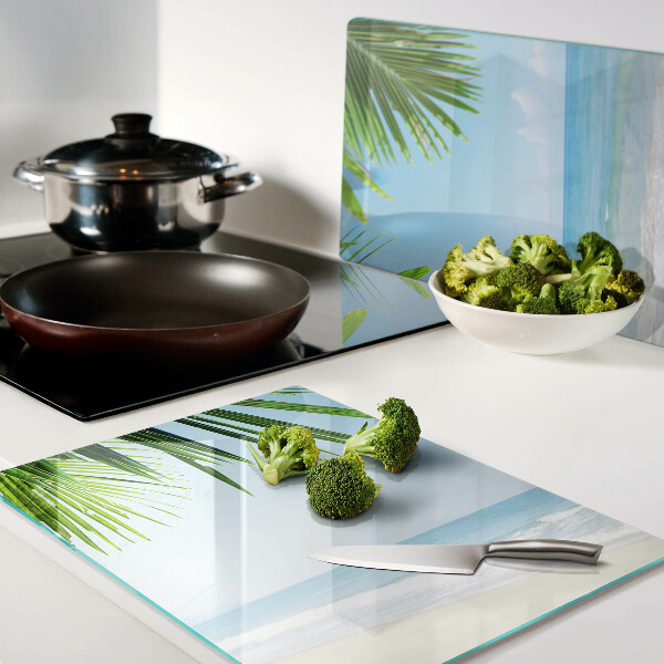 Szklana deska kuchenna z motywem tropikalnej plaży z palmami