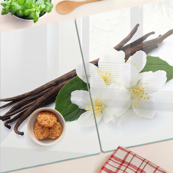 Szklana deska kuchenna z motywem kwiatów i lasek wanilii