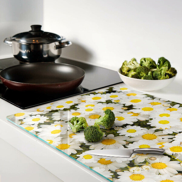 Szklana deska kuchenna ze wzorem stokrotek na białym tle