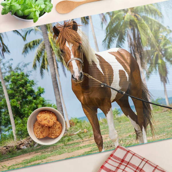 Deska kuchenna szklana z nadrukiem konia na tle palm