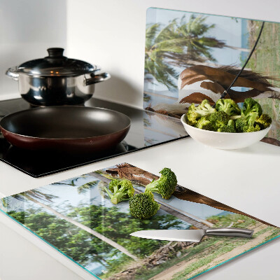 Deska kuchenna szklana z nadrukiem konia na tle palm