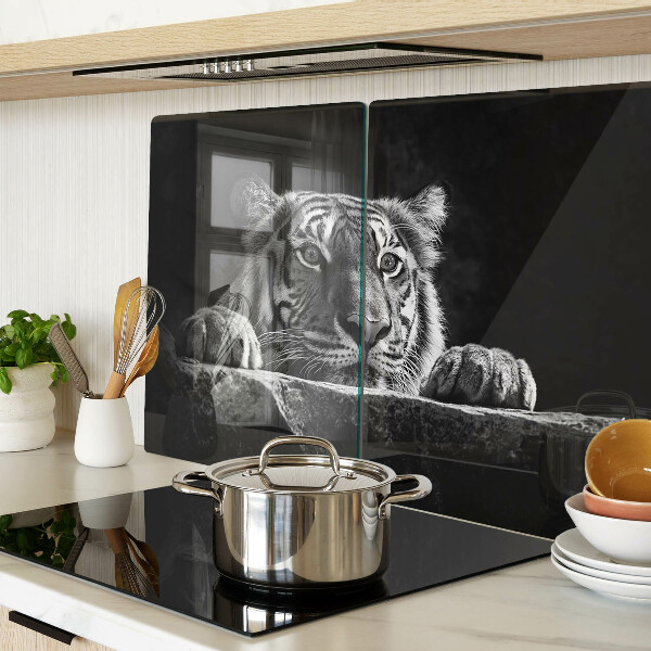 Deska kuchenna szklana w czarno-białej stylistyce z motywem tygrysa