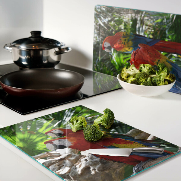 Szklana deska do krojenia z motywem papug w tropikalnym otoczeniu