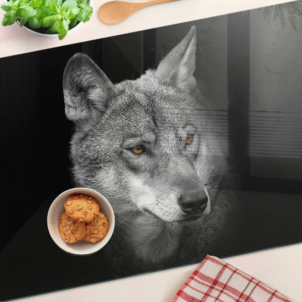 Szklana deska kuchenna z motywem wilka w odcieniach szarości