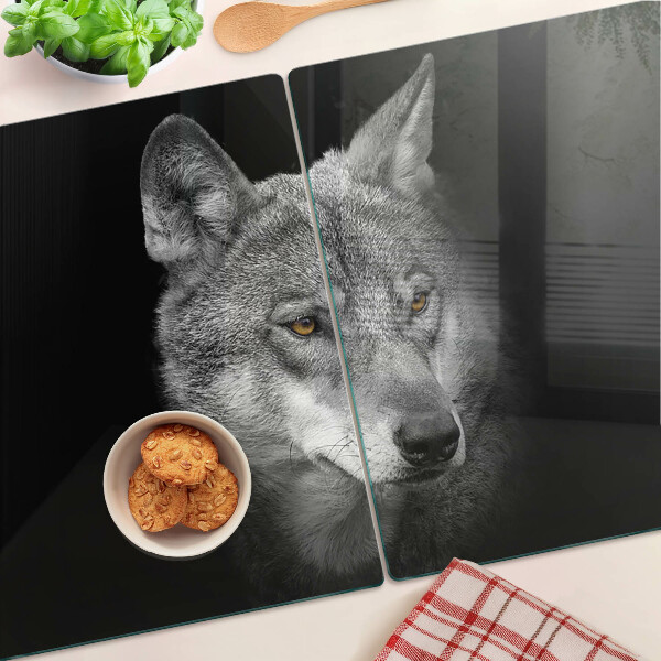 Szklana deska kuchenna z motywem wilka w odcieniach szarości