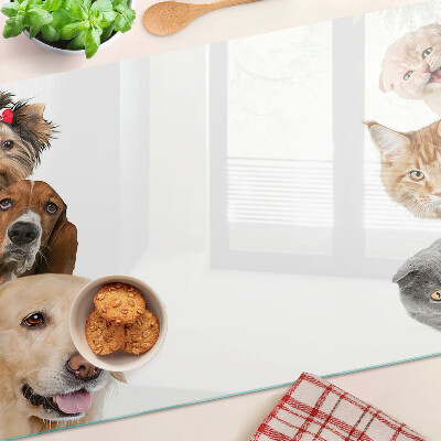 Szklana deska kuchenna z nadrukiem przedstawiającym psy i koty w różnych pozach