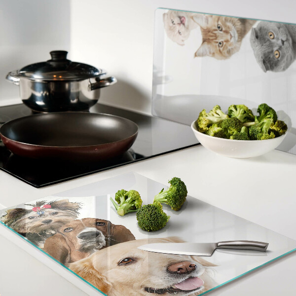Szklana deska kuchenna z nadrukiem przedstawiającym psy i koty w różnych pozach
