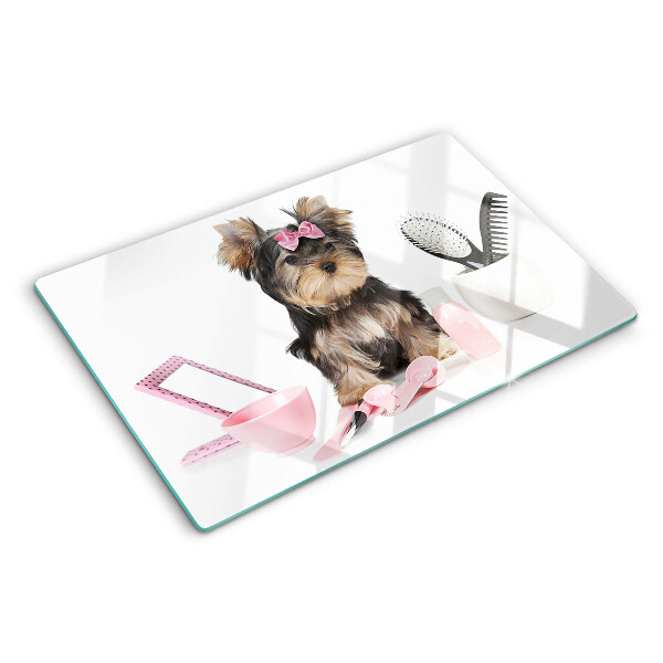 Szklana deska kuchenna Yorkshire Terrier z akcesoriami groomerskimi