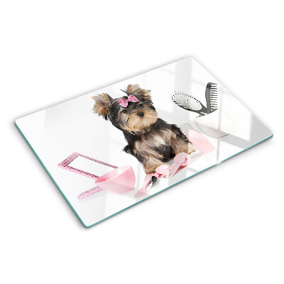 Szklana deska kuchenna Yorkshire Terrier z akcesoriami groomerskimi
