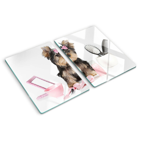 Szklana deska kuchenna Yorkshire Terrier z akcesoriami groomerskimi