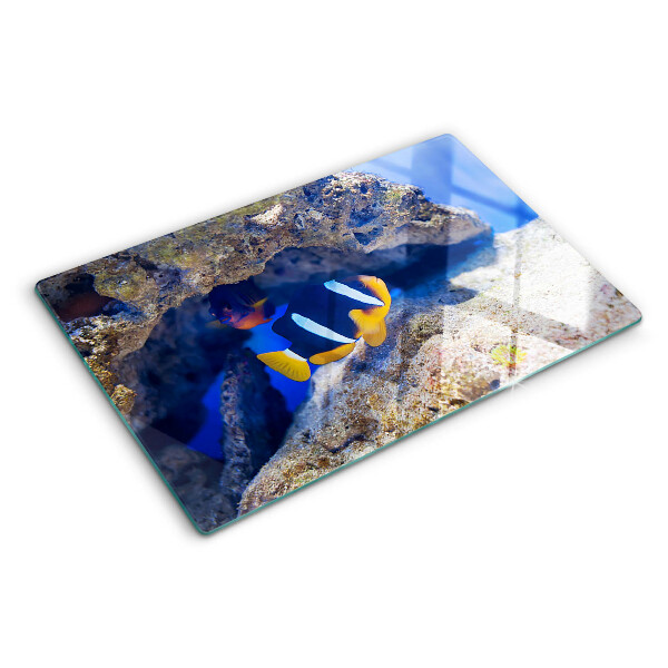 Deska kuchenna szklana z nadrukiem rybki na tle rafy koralowej