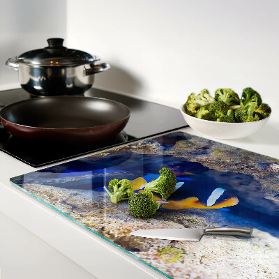 Deska kuchenna szklana z nadrukiem rybki na tle rafy koralowej