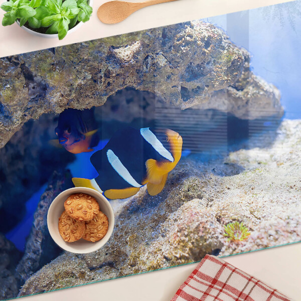 Deska kuchenna szklana z nadrukiem rybki na tle rafy koralowej