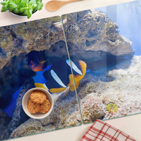 Deska kuchenna szklana z nadrukiem rybki na tle rafy koralowej