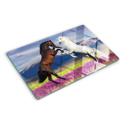 Szklana deska kuchenna z motywem koni na tle gór i kwiatów