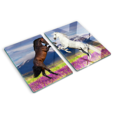 Szklana deska kuchenna z motywem koni na tle gór i kwiatów
