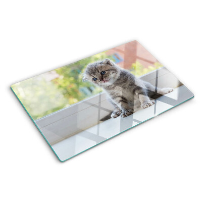 Deska kuchenna szklana z nadrukiem przedstawiającym kotka na parapecie