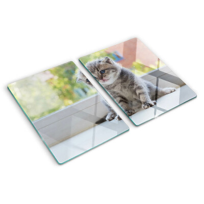 Deska kuchenna szklana z nadrukiem przedstawiającym kotka na parapecie