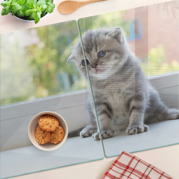 Deska kuchenna szklana z nadrukiem przedstawiającym kotka na parapecie