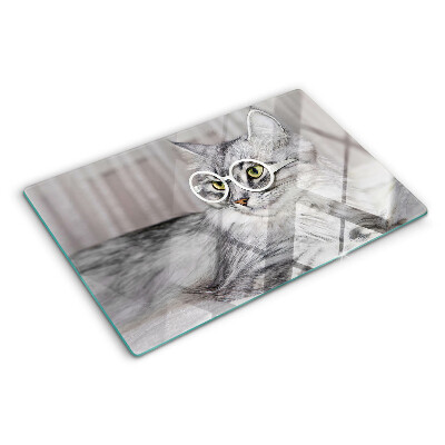 Szklana deska do krojenia z nadrukiem przedstawiającym kota w okularach