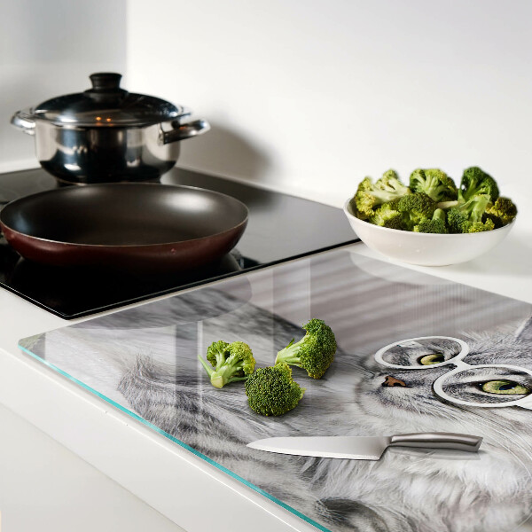 Szklana deska do krojenia z nadrukiem przedstawiającym kota w okularach