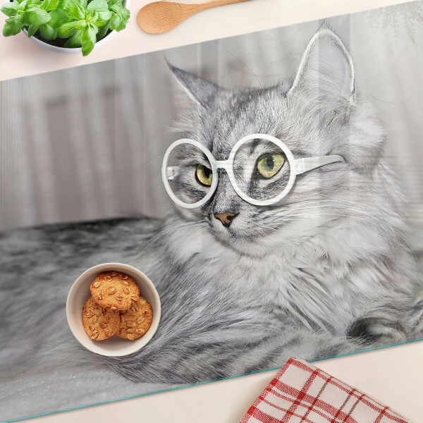 Szklana deska do krojenia z nadrukiem przedstawiającym kota w okularach