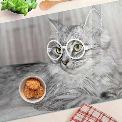 Szklana deska do krojenia z nadrukiem przedstawiającym kota w okularach