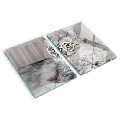 Szklana deska do krojenia z nadrukiem przedstawiającym kota w okularach