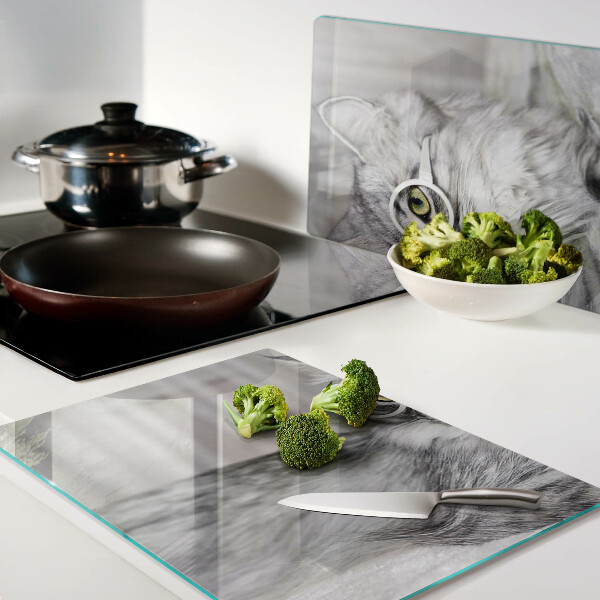 Szklana deska do krojenia z nadrukiem przedstawiającym kota w okularach