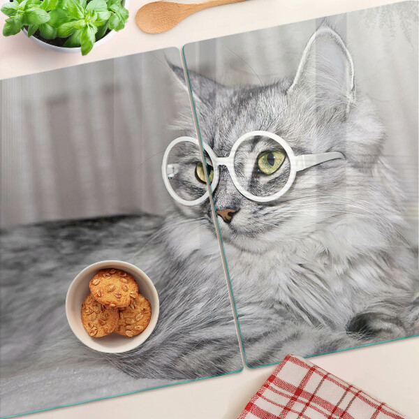 Szklana deska do krojenia z nadrukiem przedstawiającym kota w okularach