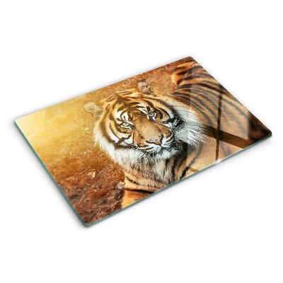 Szklana deska do krojenia z nadrukiem przedstawiającym tygrysa w promieniach słońca