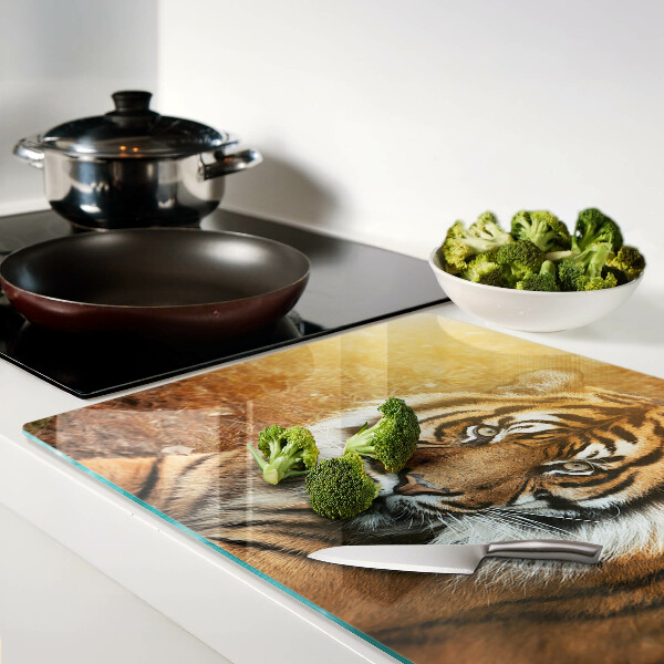 Szklana deska do krojenia z nadrukiem przedstawiającym tygrysa w promieniach słońca