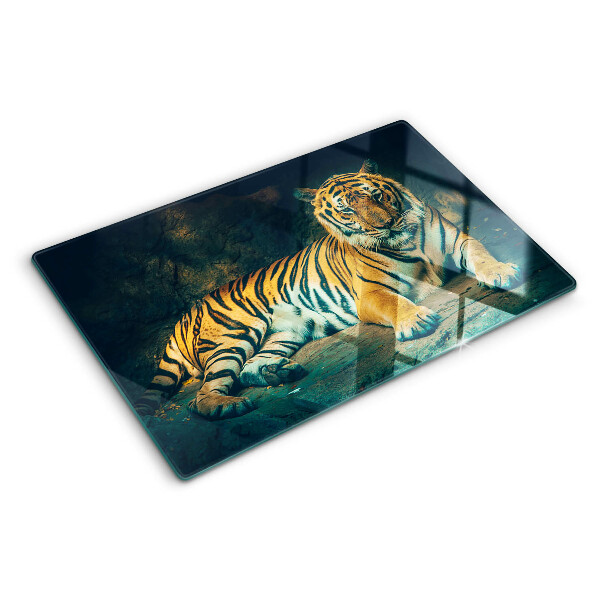 Szklana deska do krojenia z nadrukiem przedstawiającym tygrysa leżącego na skałach