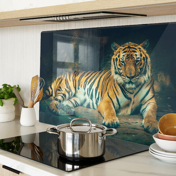 Szklana deska do krojenia z nadrukiem przedstawiającym tygrysa leżącego na skałach