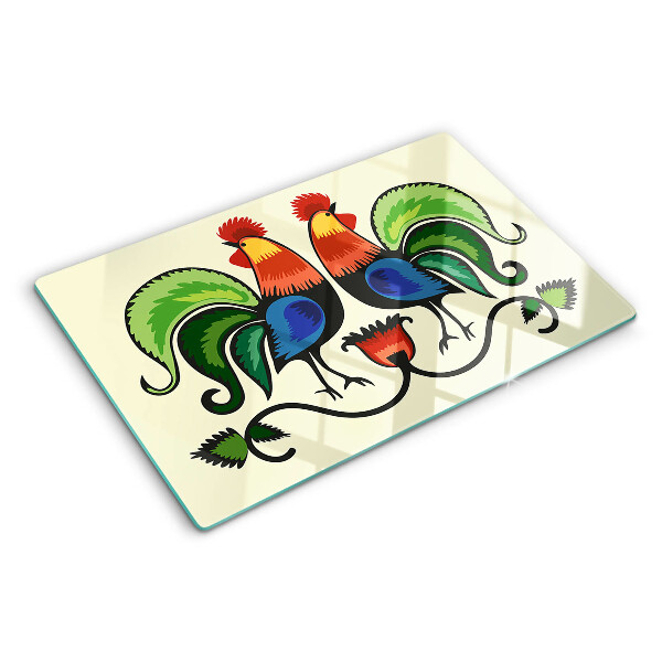 Szklana deska kuchenna z motywem kogutów w stylu ludowym