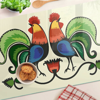 Szklana deska kuchenna z motywem kogutów w stylu ludowym