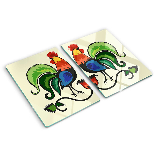 Szklana deska kuchenna z motywem kogutów w stylu ludowym