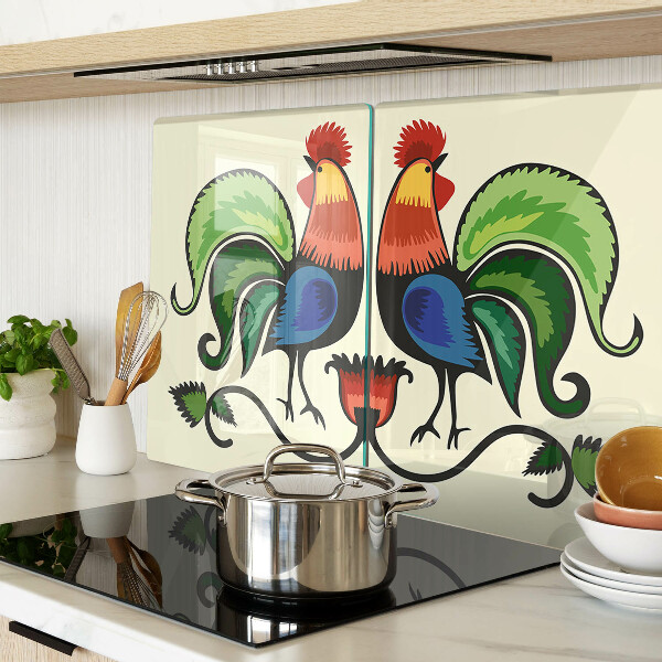 Szklana deska kuchenna z motywem kogutów w stylu ludowym