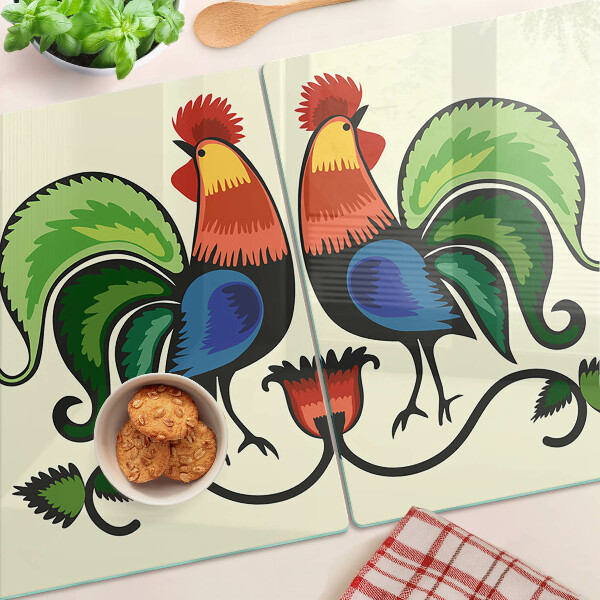Szklana deska kuchenna z motywem kogutów w stylu ludowym