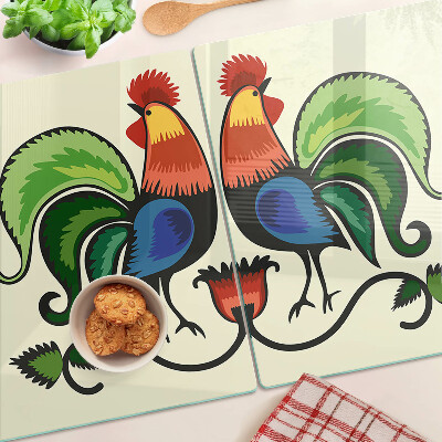 Szklana deska kuchenna z motywem kogutów w stylu ludowym