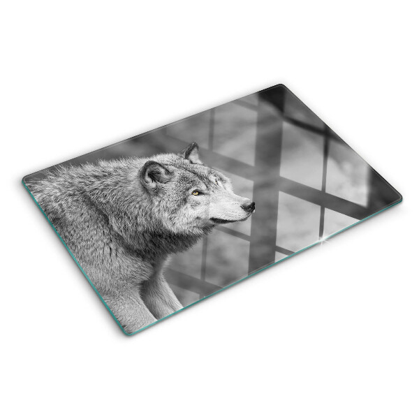 Deska kuchenna szklana z grafiką wilka w czerni i bieli