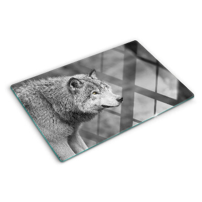 Deska kuchenna szklana z grafiką wilka w czerni i bieli