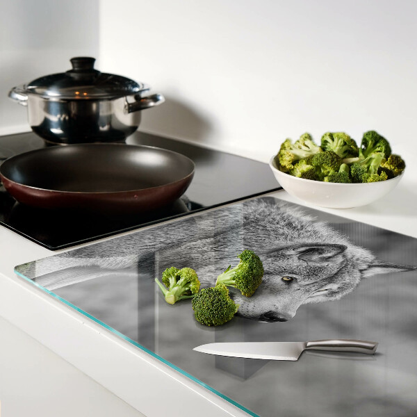 Deska kuchenna szklana z grafiką wilka w czerni i bieli