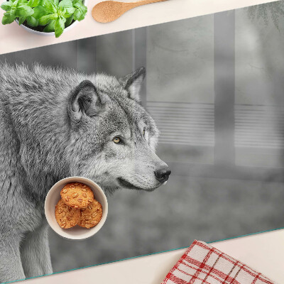 Deska kuchenna szklana z grafiką wilka w czerni i bieli
