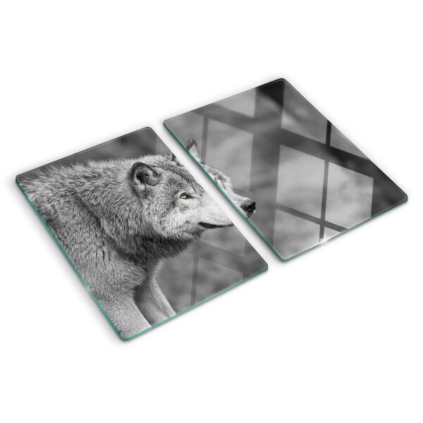 Deska kuchenna szklana z grafiką wilka w czerni i bieli