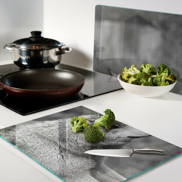 Deska kuchenna szklana z grafiką wilka w czerni i bieli