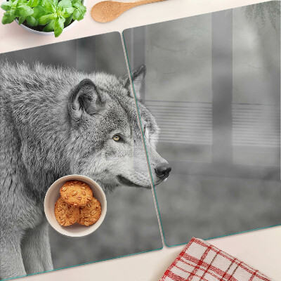 Deska kuchenna szklana z grafiką wilka w czerni i bieli